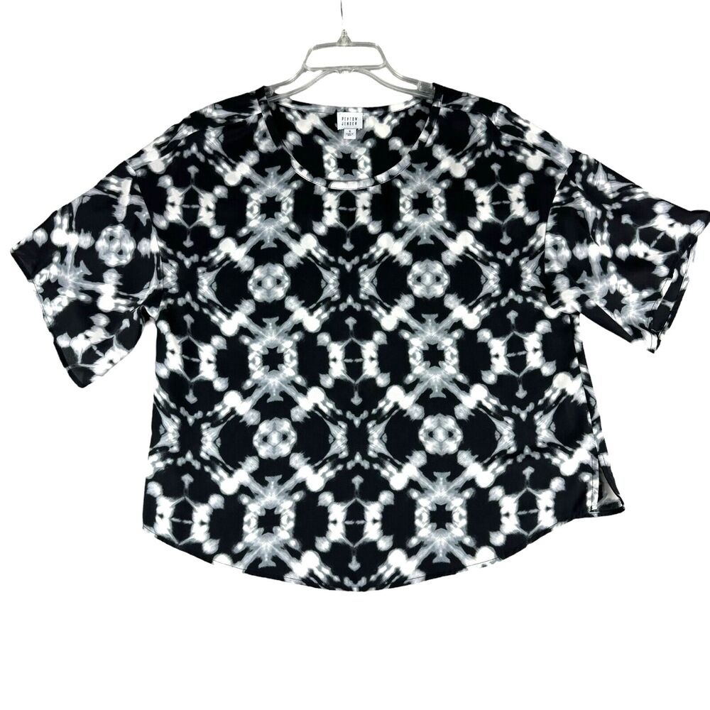 Peyton Jensen Shirt Women's Small Black White 3/4 Sleeve Tie Dye Blouse Top Soft